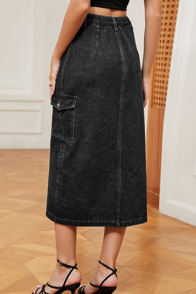 CWJSK00227_TRENDY HALF ELASTIC WAIST DENIM CARGO SKIRT