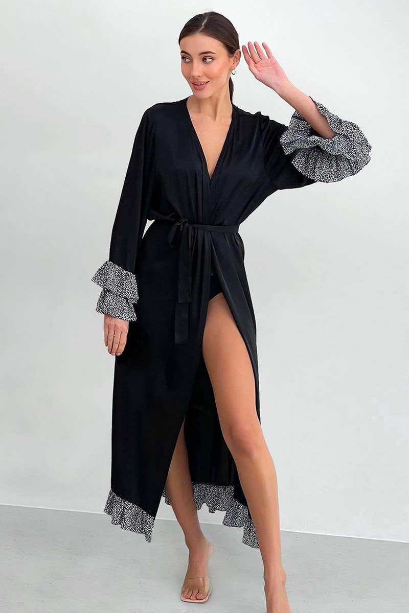 CWSPJ0238_BLACK SATIN PATCHWORK SPOTTED LACE NIGHTGOWN