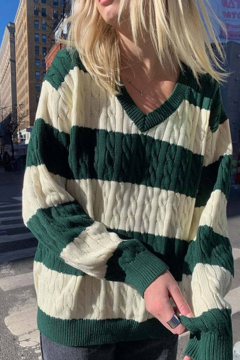 CWOSWL5744_V-NECK STRIPED CONTRAST CHUNKY KNIT SWEATER