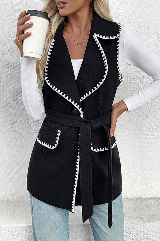 CWOV00105_TIE FRONT LAPEL CONTRAST TRIM VEST JACKET