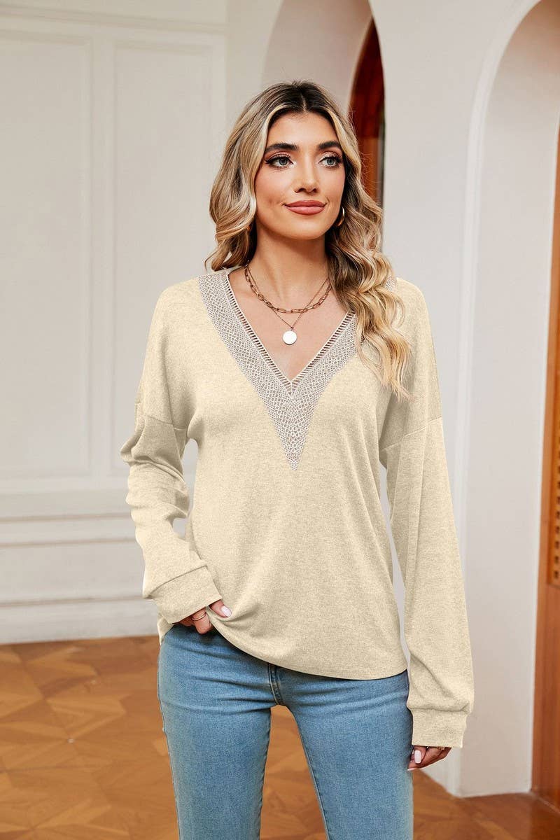 CWTBLL2393_LONG SLEEVE LACE V-NECK SOLID COLOR T-SHIRT TOP