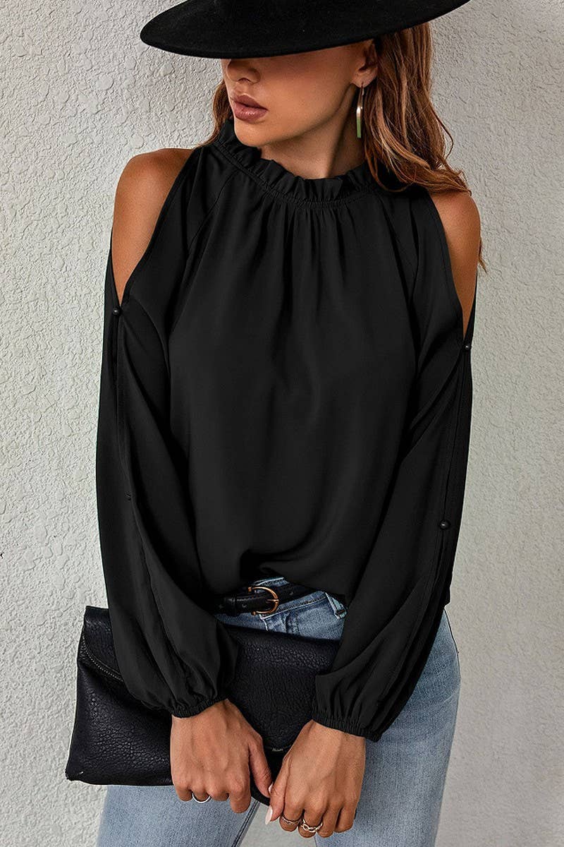 CWTBLL01082_RUFFLED STAND-UP COLLAR OFF-THE-SHOULDER TOP