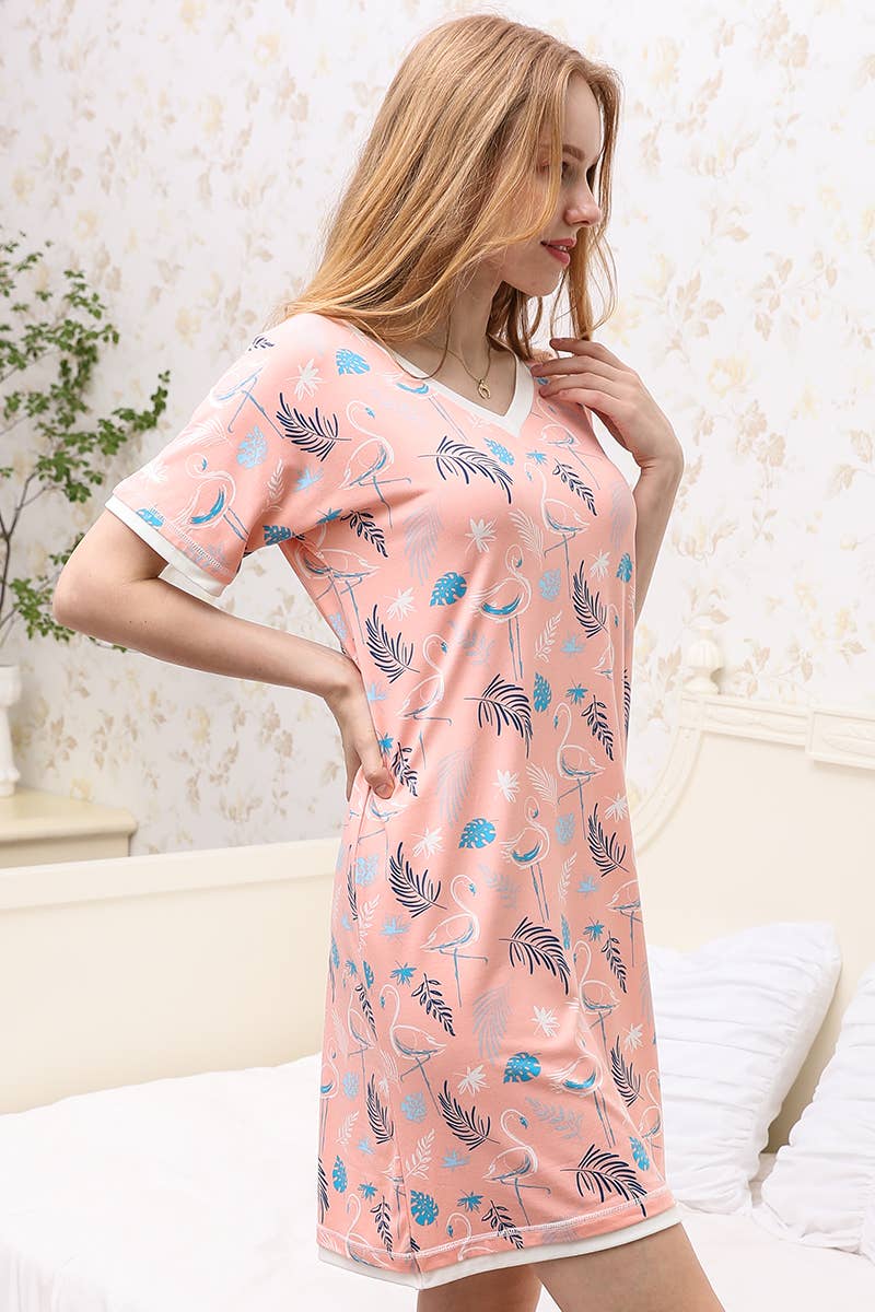 CWDSD10385_V-NECK SHORT SLEEVE SLEEPWEAR DRESS