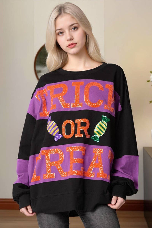 CWTBLL01243_HALLOWEEN LETTER SEQUIN COLORBLOCK SWEATSHIRT