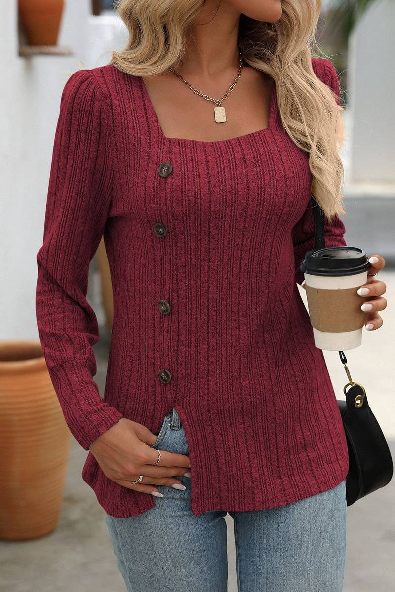 CWOSWL6829_SQUARE NECK BRUSHED SOLID COLOR LONG SLEEVE TOP