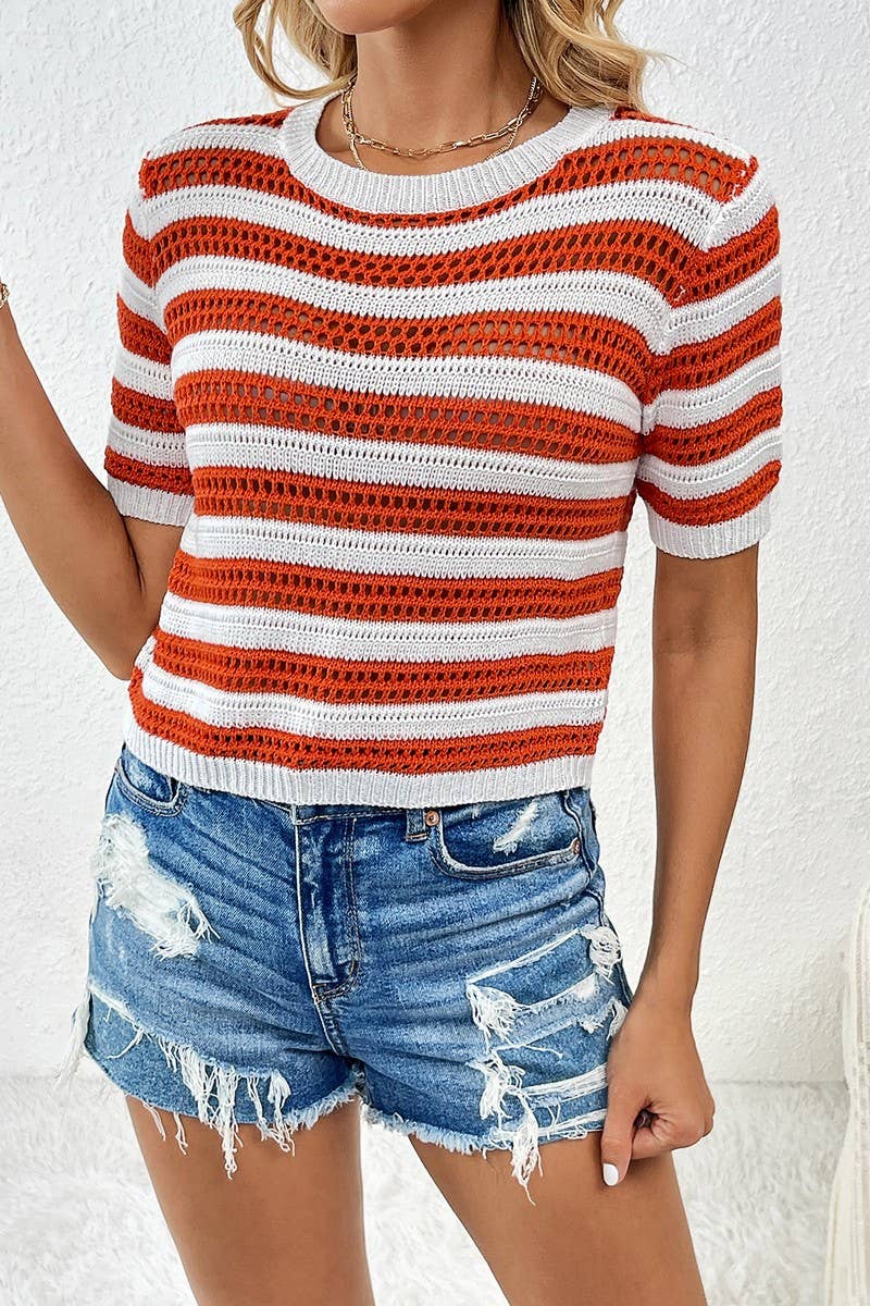 CWOSWS0043_Round Neck Short Sleeve Striped Knit Sweater