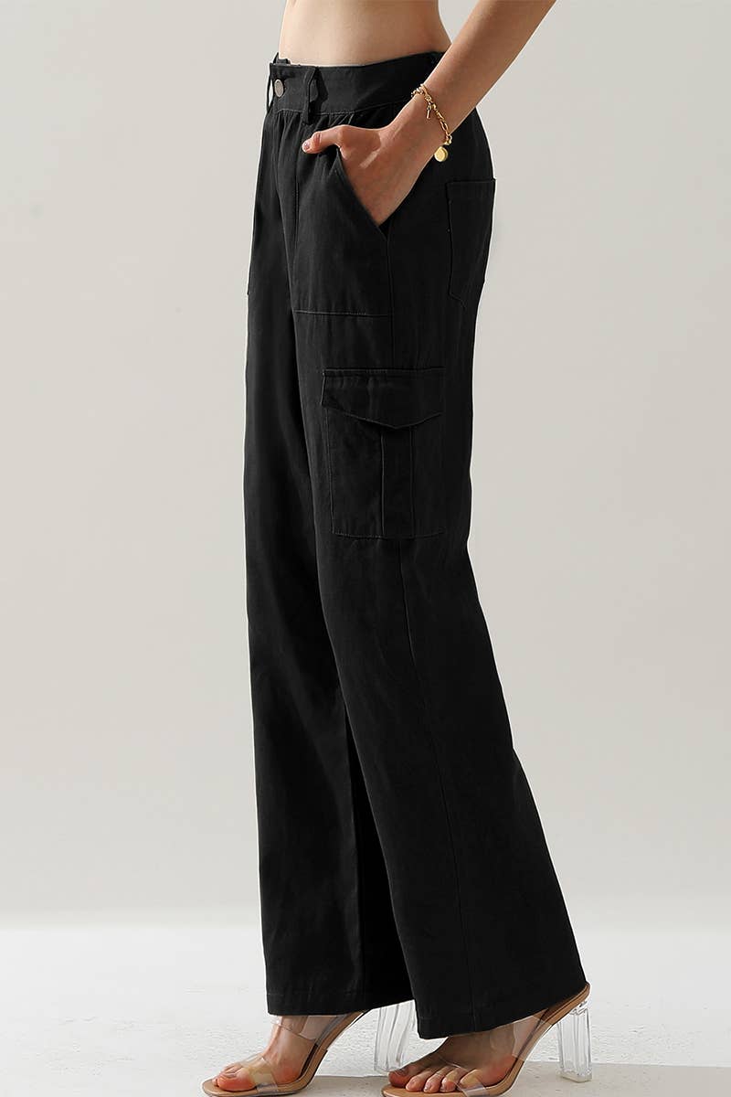 CWBLP421_Cargo Cotton Pants Wide Leg Casual Pants 4 Pockets
