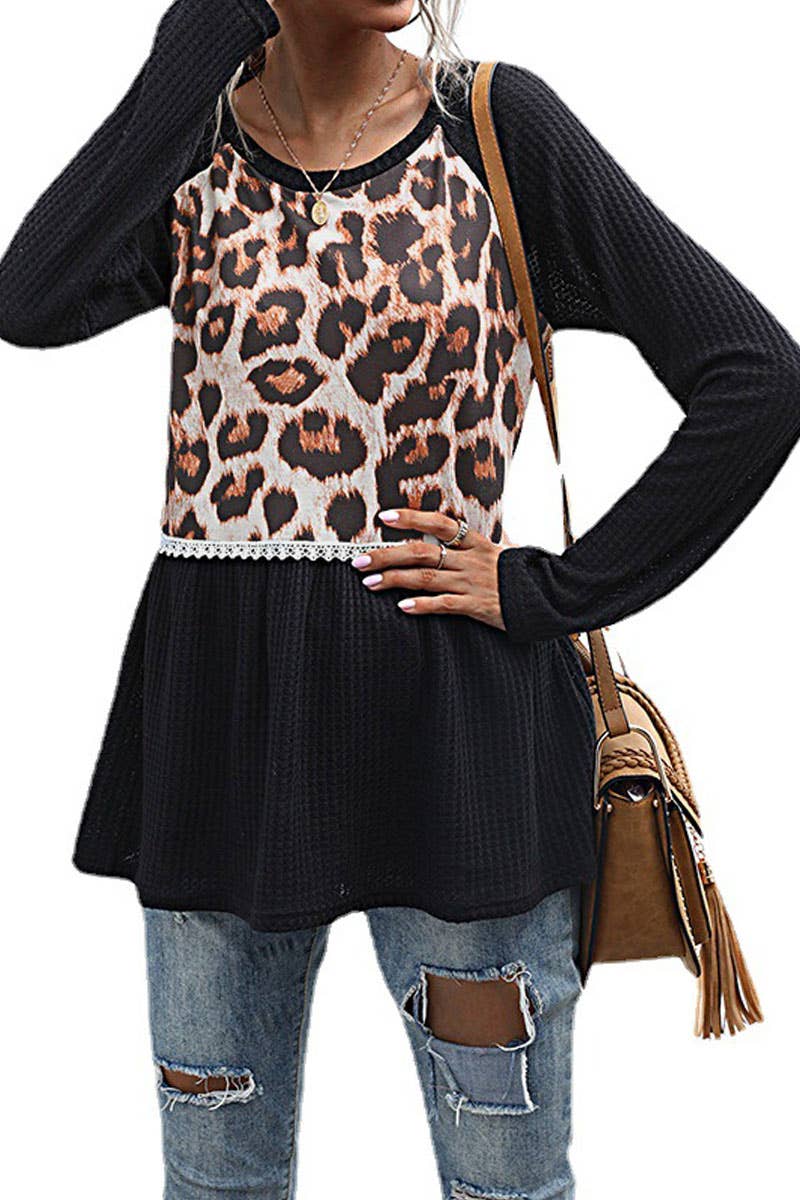 Casual leopard print patchwork T-shirt