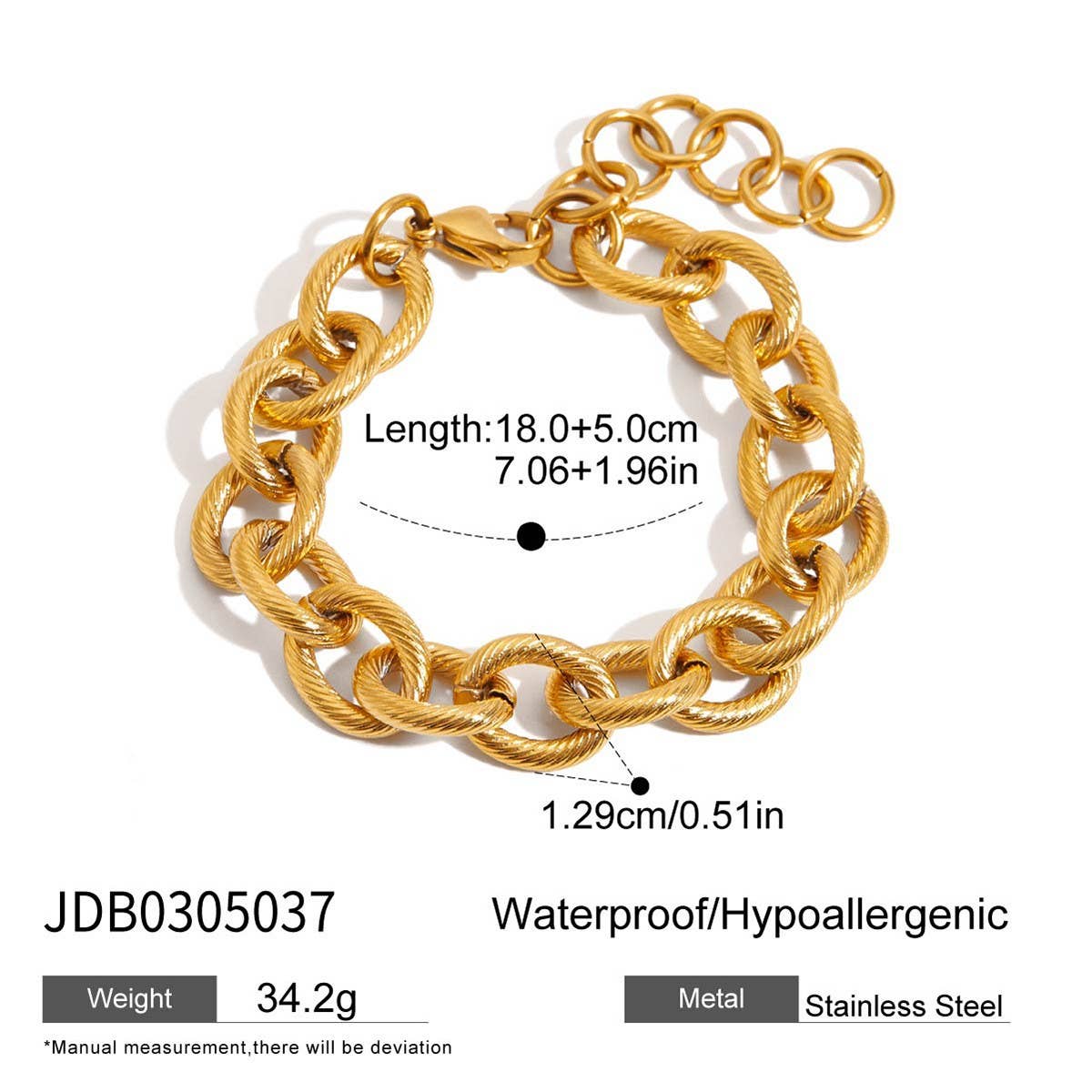 Thick Ribbed Cross Chain Bracelet, 18K Gold Steel