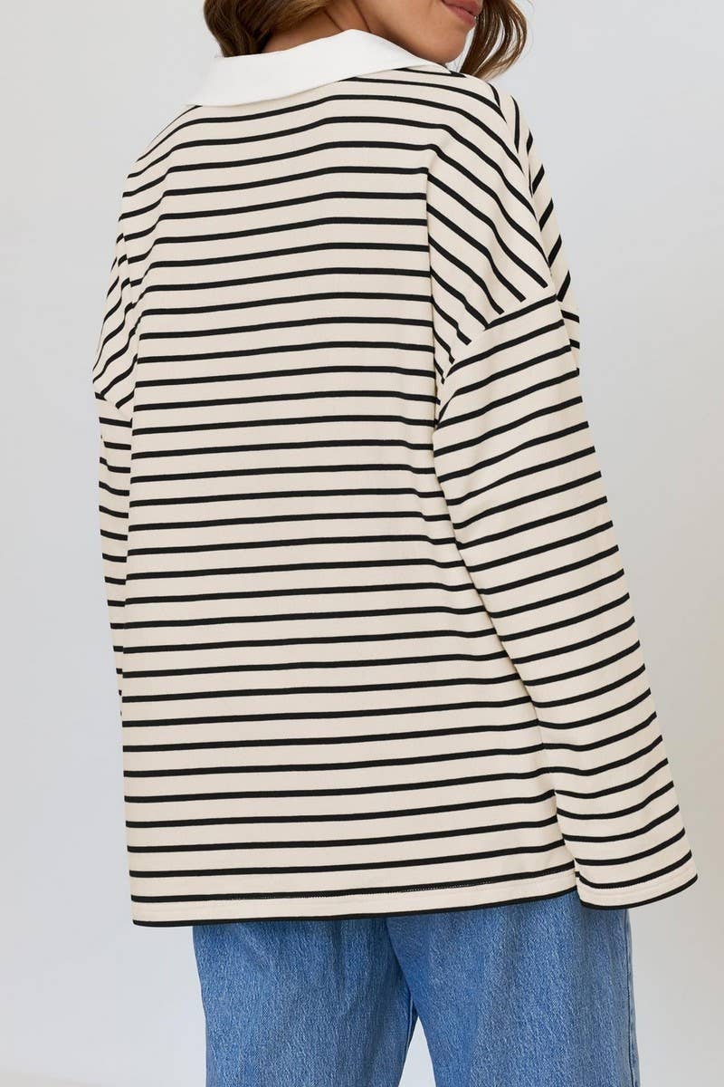 CWTBLL3674_STRIPED V-NECK LOOSE LAPEL SWEATSHIRT TOP
