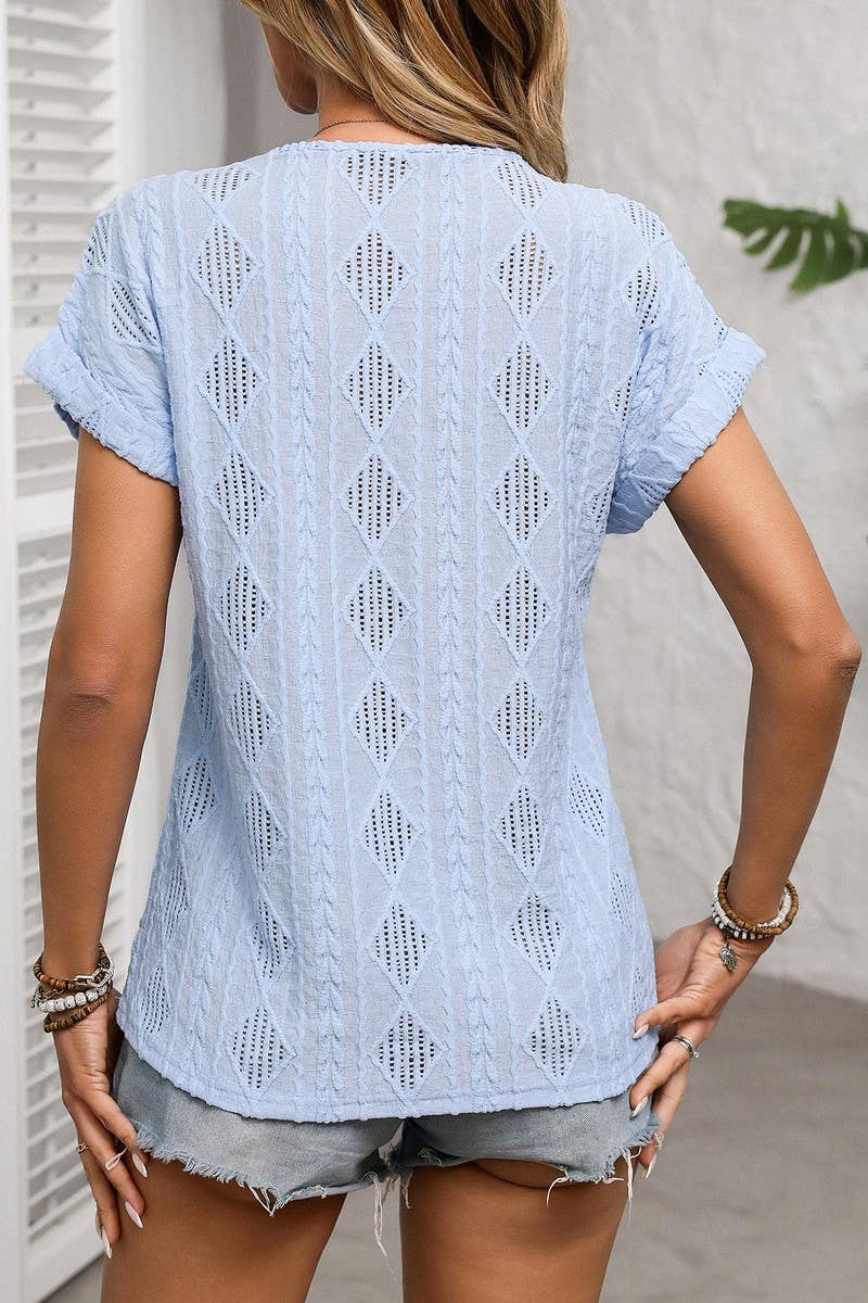 CWTBLS1618_SOLID COLOR V-NECK SHORT SLEEVE BUTTON TOP