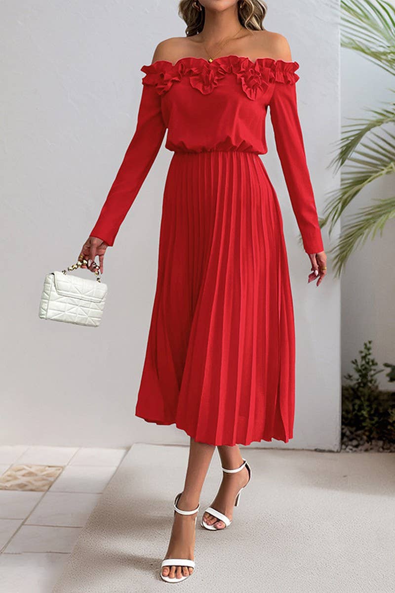 CWDMD6284_SOLID COLOR OFF-SHOULDER LONG SLEEVE DRESS