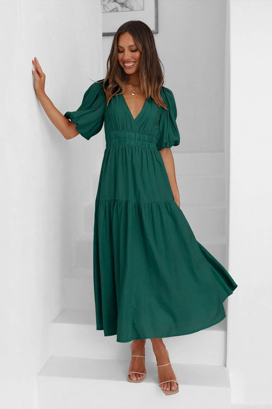 CWDSD8159_LANTERN SLEEVE TIERED FLARE MIDI DRESS