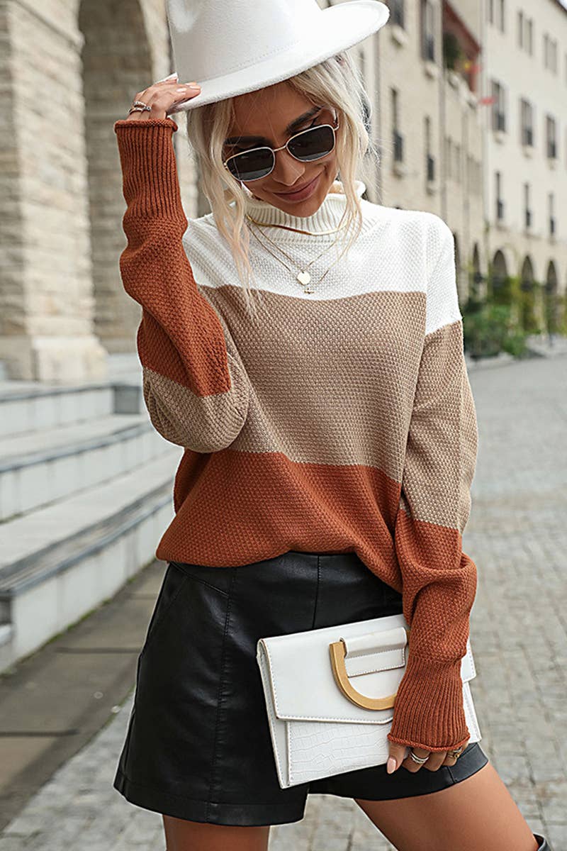 COLOR CONTRAST PATCHWORK HALF-TURTLENECK SWEATER
