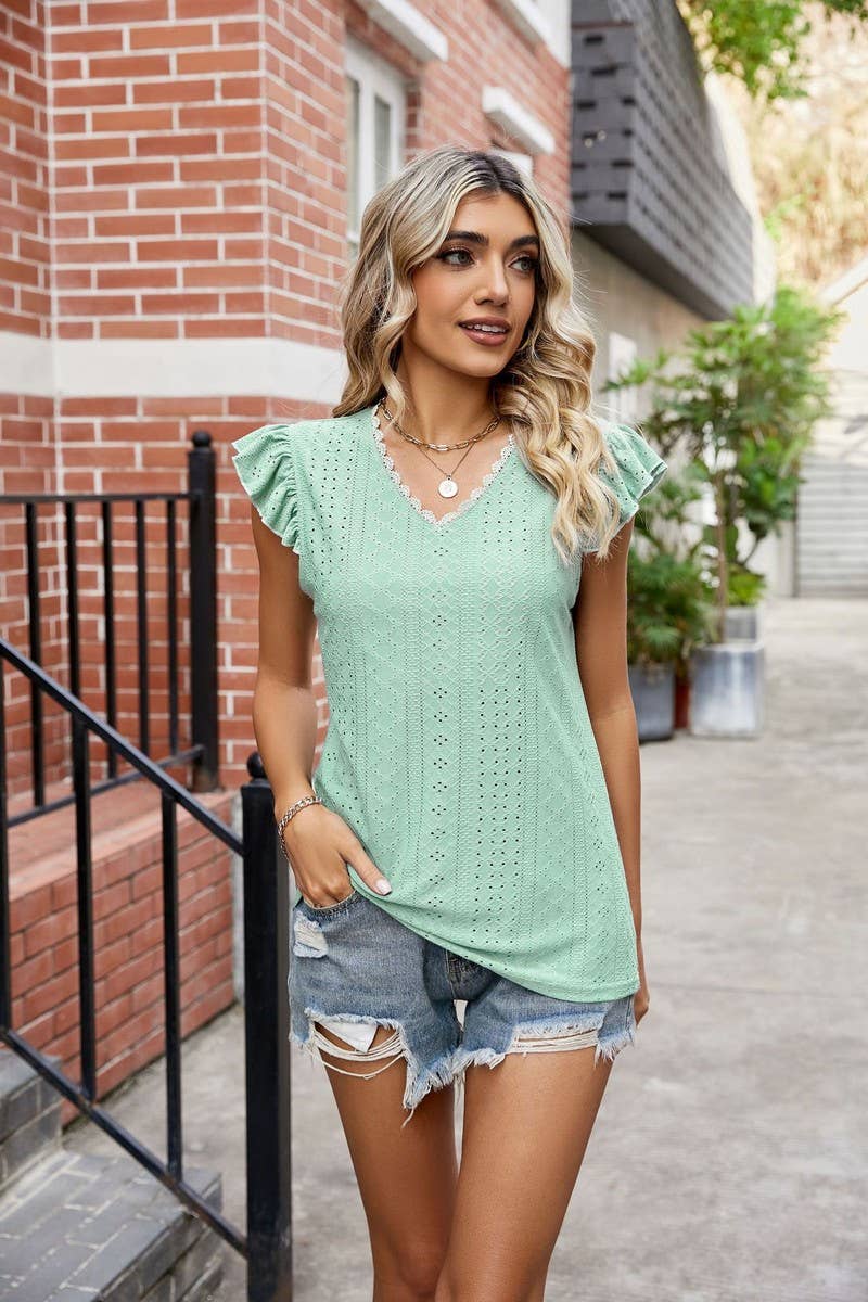 CWTTS00716_SUMMER V-NECK SHORT-SLEEVED LACE HOLLOW TOP