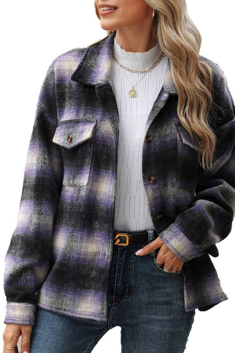 CWOCO0874_LONG SLEEVE LOOSE STRIPED PLAID CARDIGAN COAT