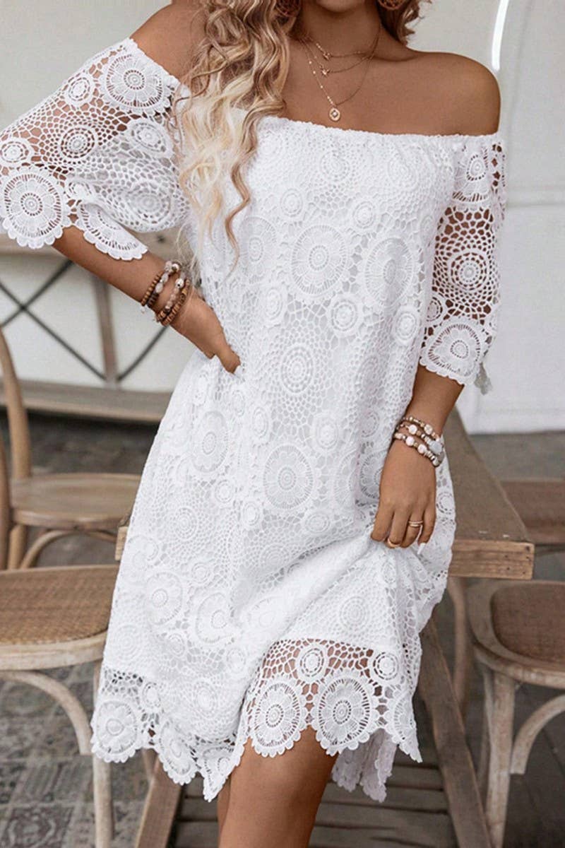 CWDSD10529_SUMMER SOLID COLOR ONE-SHOULDER HOLLOW LACE DRESS