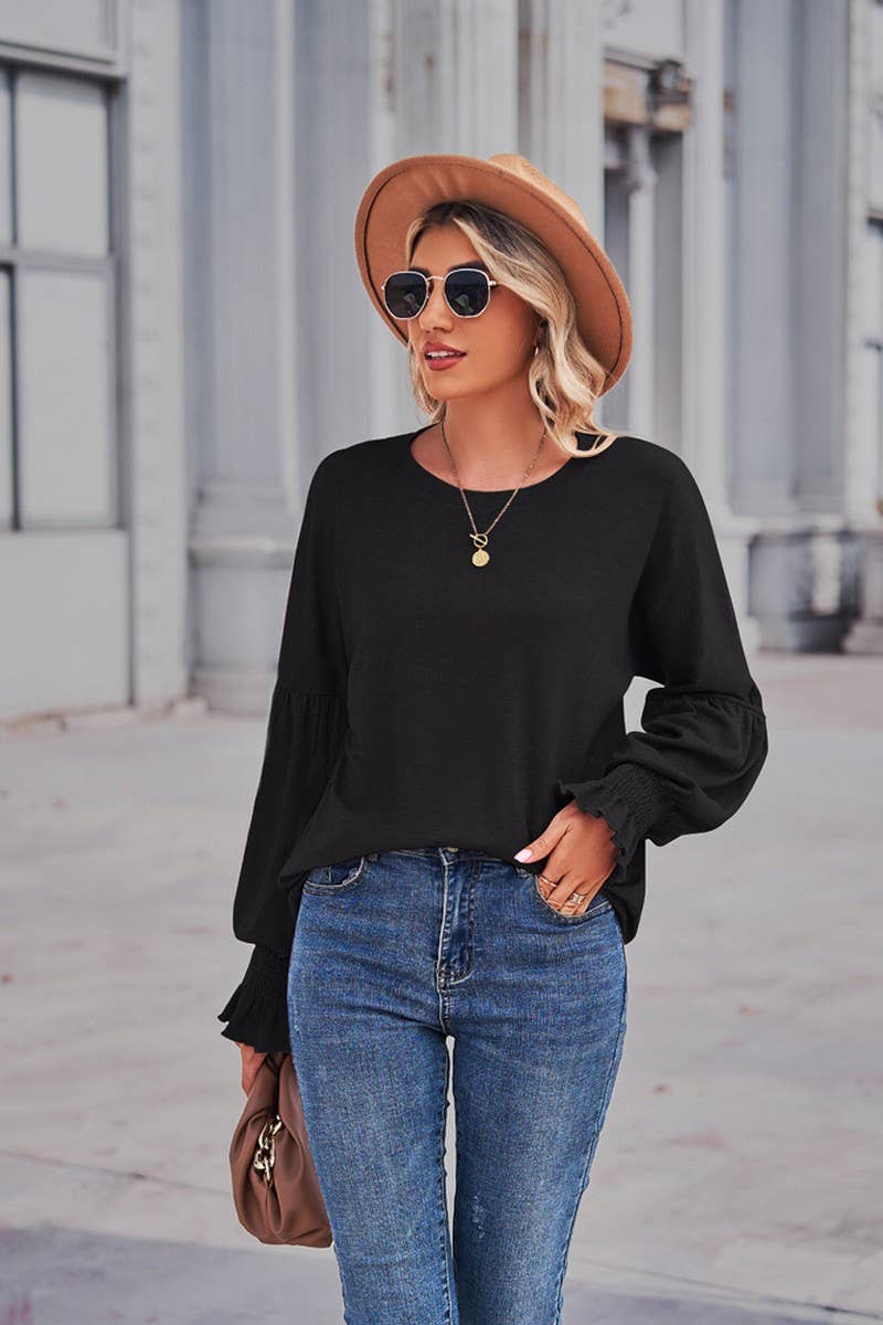 CWTBLL1880_ROUND NECK LOOSE CUFFS LANTERN SLEEVE TOP