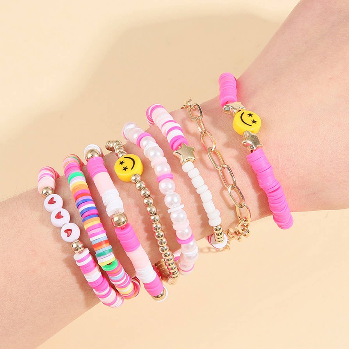 POLYMER CLAY HEART SMILEY FACE BRACELET SET_CWMM3515