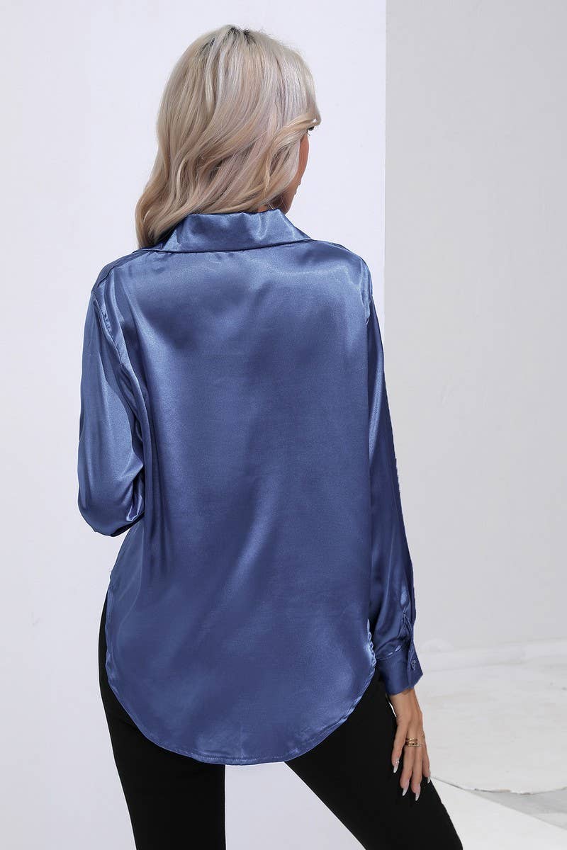CWTBLL0690_Button Down Silky Satin Long Sleeve Top