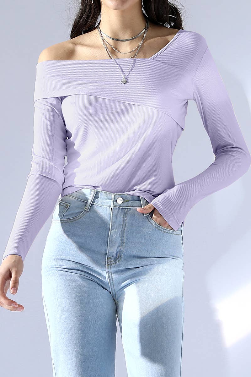 CWTTL1499_ONE SHOULDER LONG SLEEVE 2 LAYER T SHIRT TOP