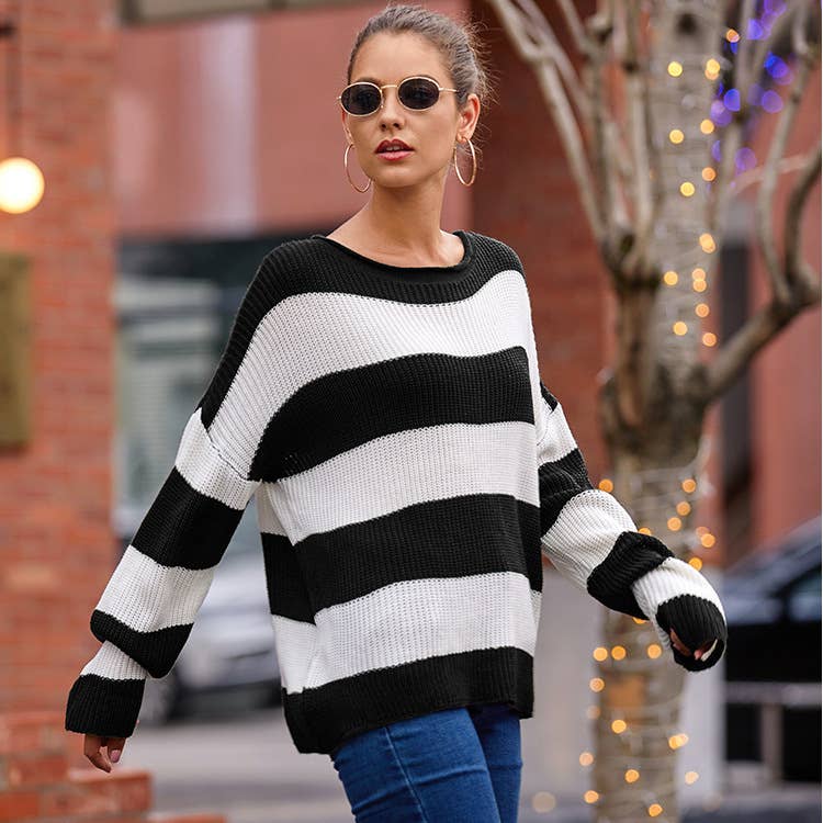 CREW-NECK STRIPED SWEATER WITH ROLLED EDGE