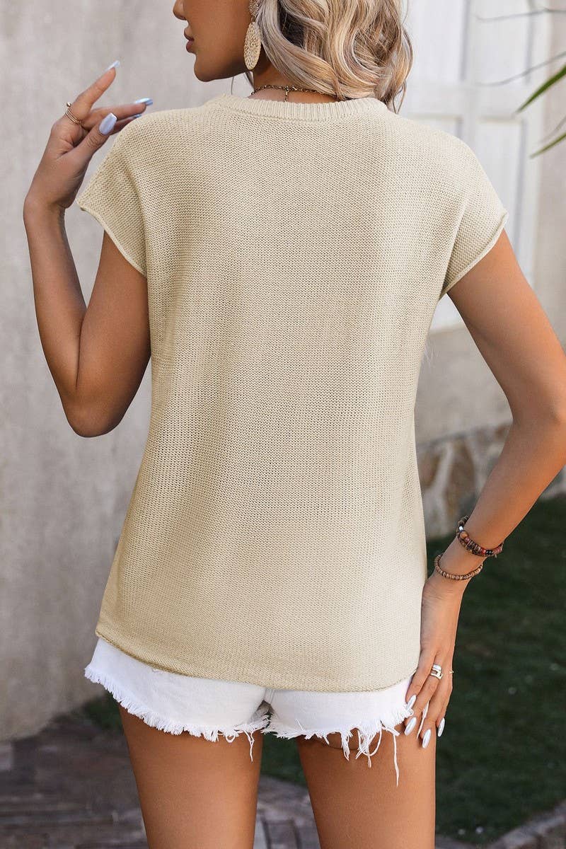 CWOSWS0107_ROUND NECK SOLID COLOR KNIT SHORT SLEEVE TOP