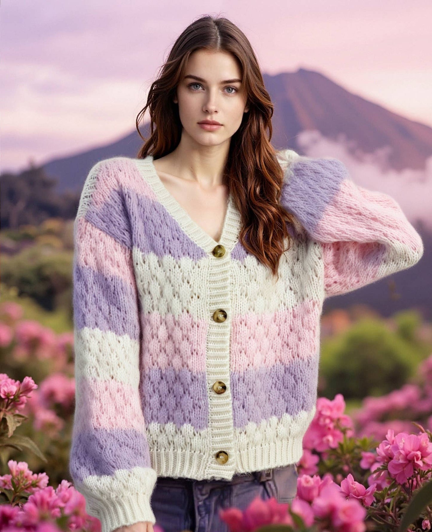 Color-blocking long-sleeved knitted cardigan