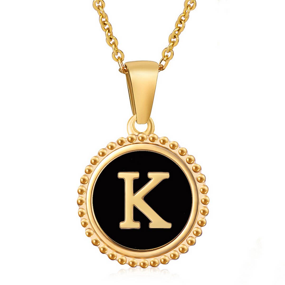 CWAJE1941_Simple Round Black Shell Letter Necklace