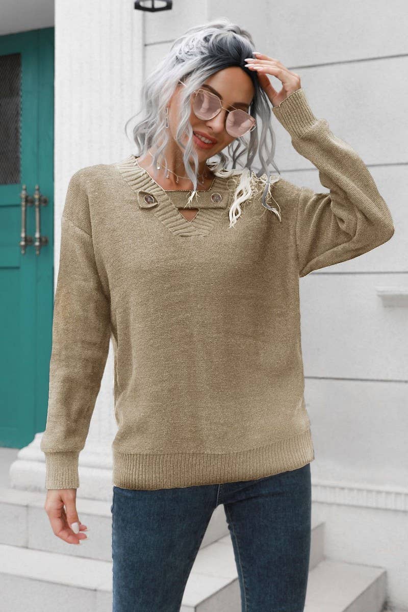 CWOSWL4149_V-NECK BUTTON LOOSE PULLOVER KNIT SWEATER
