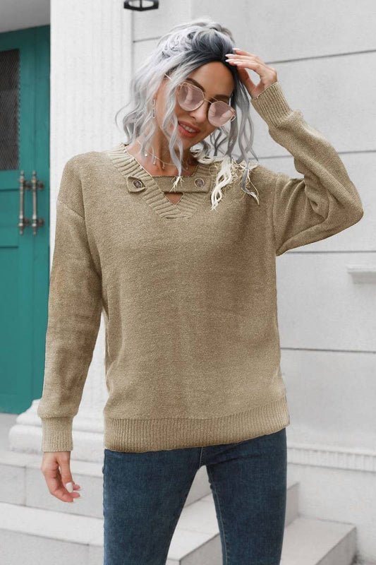 CWOSWL4149_V-NECK BUTTON LOOSE PULLOVER KNIT SWEATER