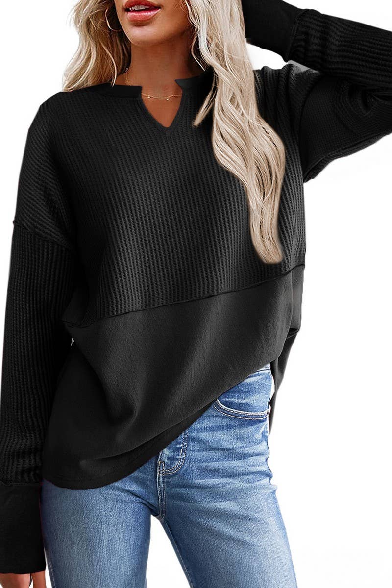 CWTBLL2422_SOLID COLOR PATCHWORK LONGSLEEVE LOOSE SWEATSHIRT