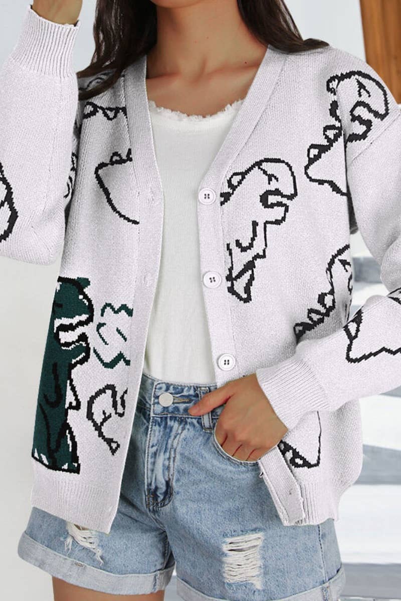 CWOCAL1574_WINTER LONGSLEEVED CARTOON DINOSAUR KNIT CARDIGAN