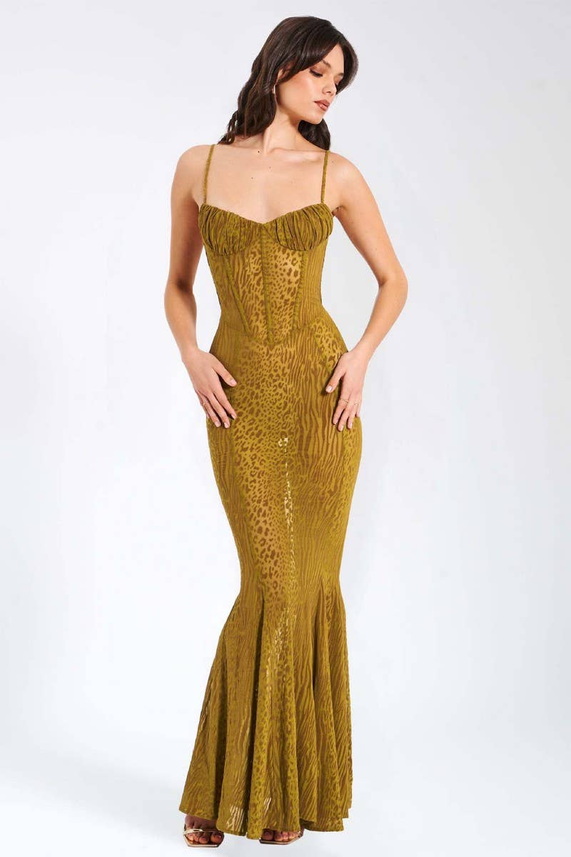 CWDHL1072_SEXY LEOPARD PRINT LOW CUT SEE-THROUGH DRESS