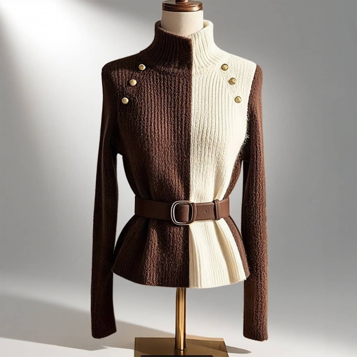 Design-sense color-blocked button knit sweater