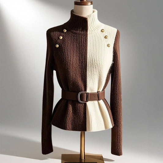 Design-sense color-blocked button knit sweater