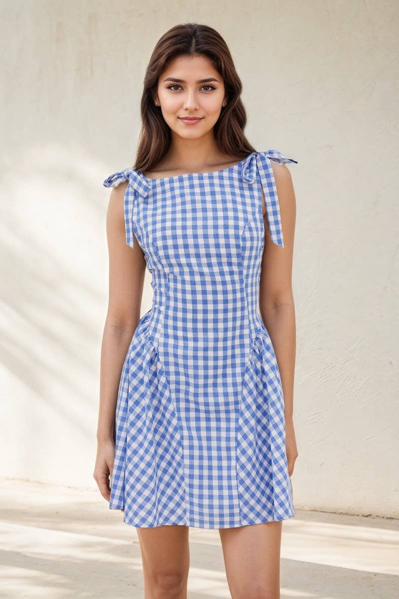 CWDSD8872_PLAID STRIPED TIE WAIST PLEATED SHORT DRESS