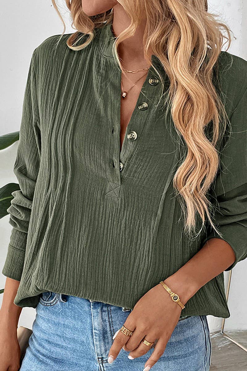 CWTBLL3708_BUTTON V-NECK SOLID COLOR CASUAL PULLOVER SHIRT