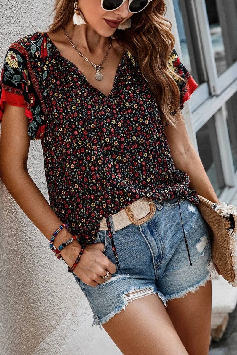 CWTSTS0660_SUMMER V-NECK SMALL FLORAL CASUAL LOOSE SHIRT