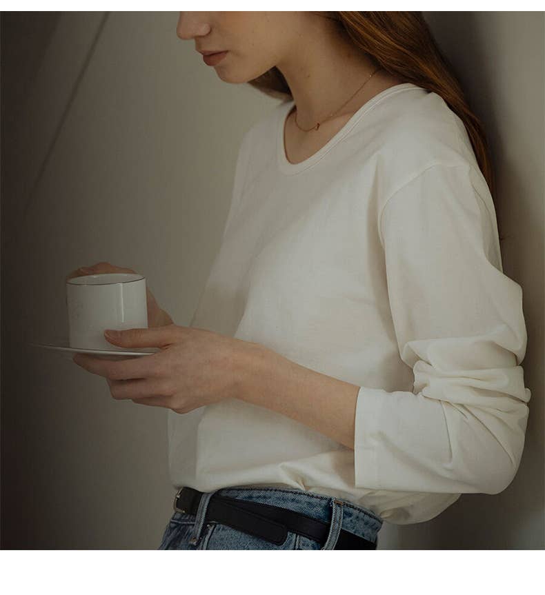 Cotton round-neck off-the-shoulder sleeve shirt