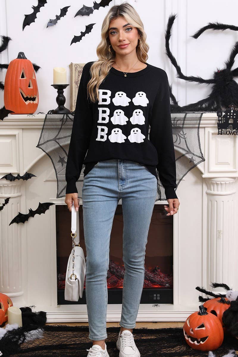 CWOSWL07356_HALLOWEEN EMBROIDERED CASUAL CREWNECK TOP