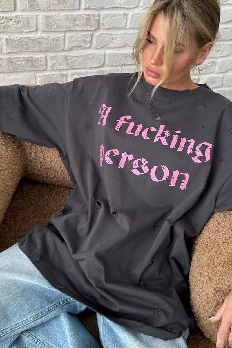 CWTTS1287_LETTER PRINT RIPPED STYLE MID-LENGTH SHORT SLEEVE