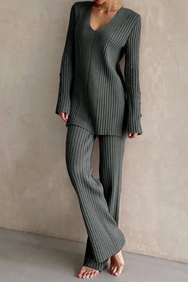 CWSTB1437_V-NECK KNITTED LONG-SLEEVED TROUSERS CASUAL SUIT