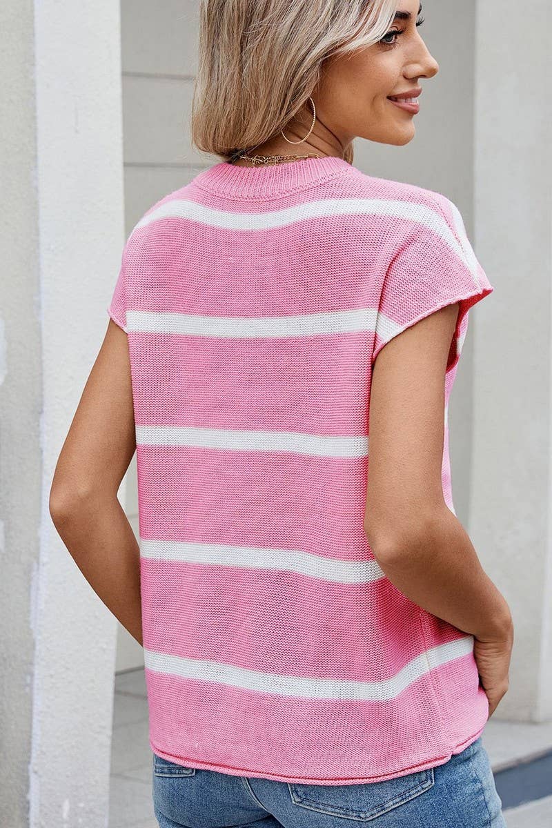 CWTBLS02499_STRIPED CREW NECK SLEEVELESS KNIT TANK