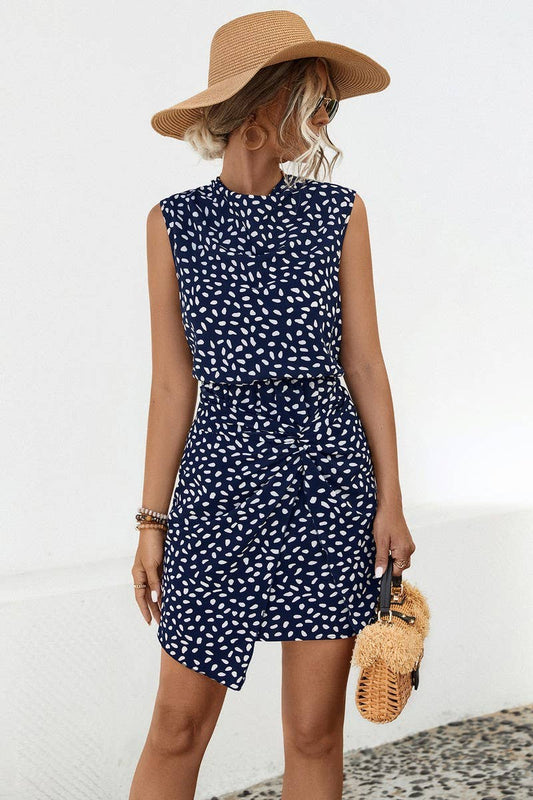 CWDSD7112_SUMMER POLKA DOT PILE NECK SLEEVELESS DRESS