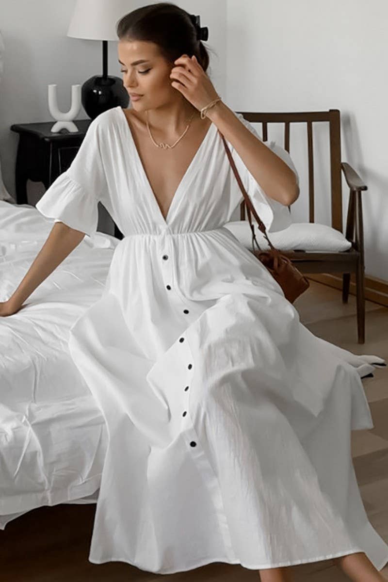 CWSPJ0201_COTTON AND LINEN TRUMPET SLEEVE HOME NIGHTDRESS
