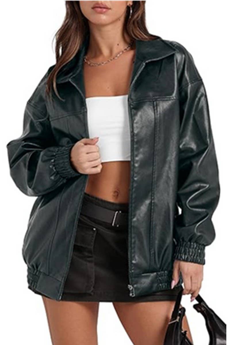 CWOCO1150_LAPEL ZIPPER SIDE POCKET PU LEATHER JACKET