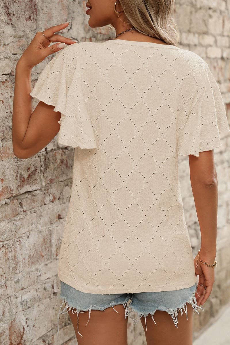 CWTTS1371_SUMMER FLOWER HOLLOW LOTUS SLEEVE CASUAL TOP