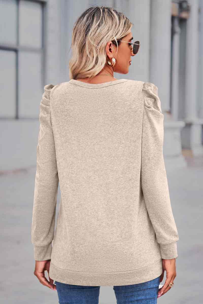 CWTBLL2844_LOOSE CREW-NECK PLEATED LONG-SLEEVED TOP