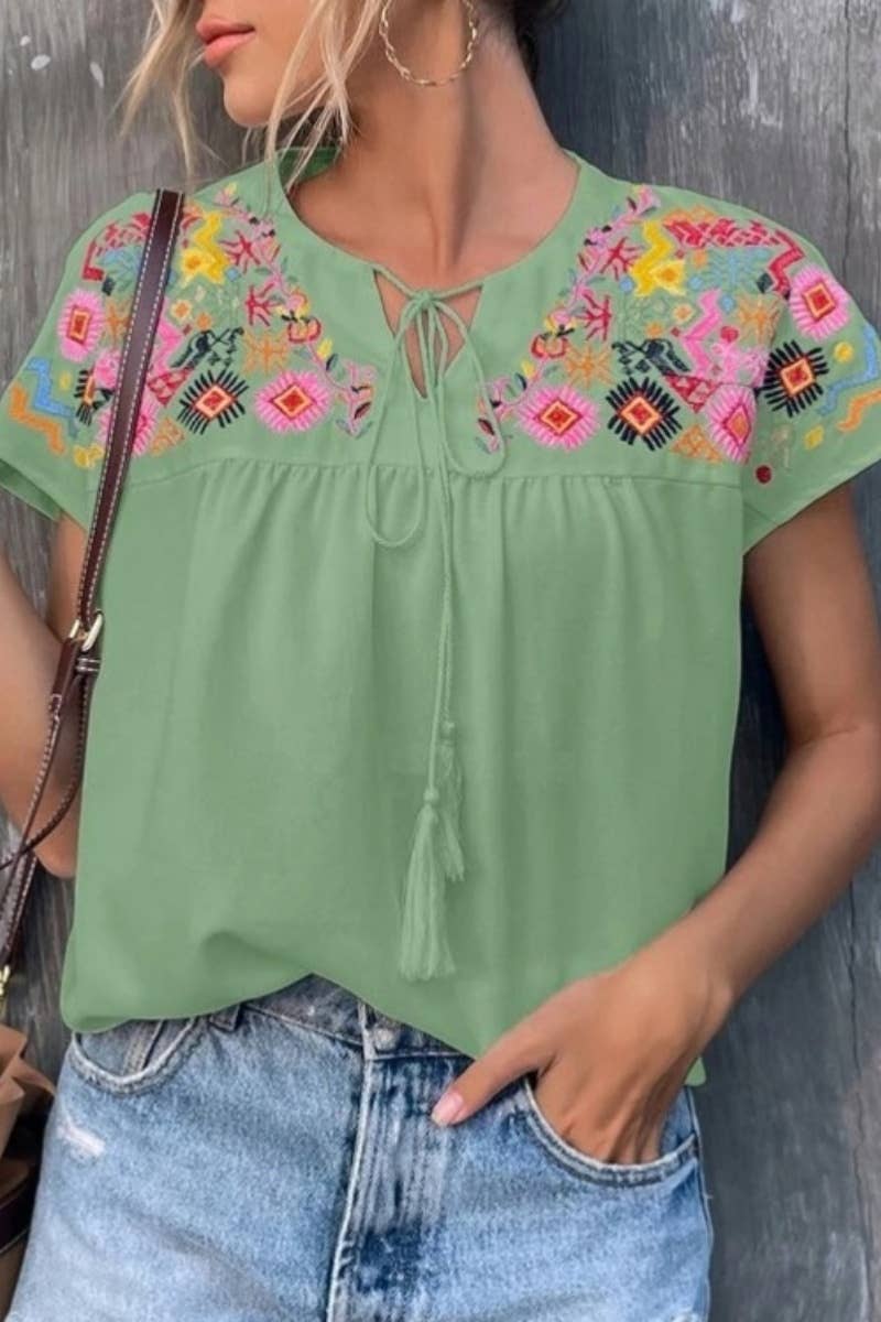 CWTBLS1130_SHORT SLEEVE LACE-UP EMBROIDERED BAT SLEEVE TOP